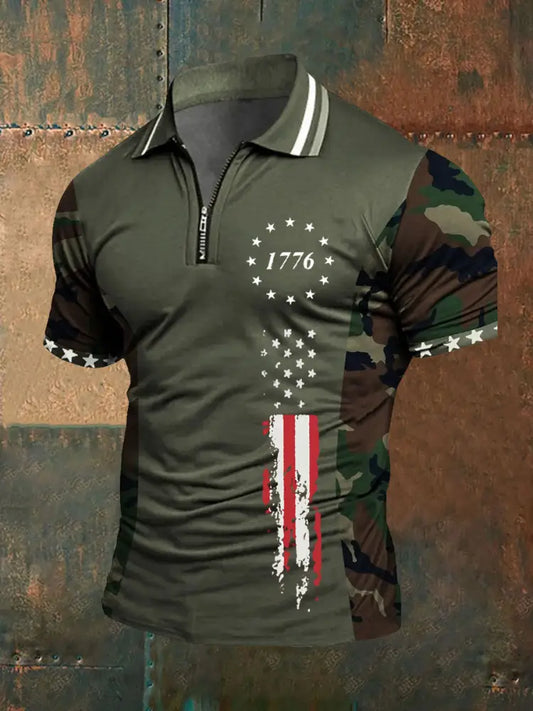 Men’s American Flag Zip-Up T-Shirt Green / S