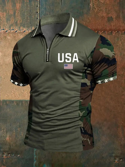 Men’s American Flag Zip-Up T-Shirt Green / S