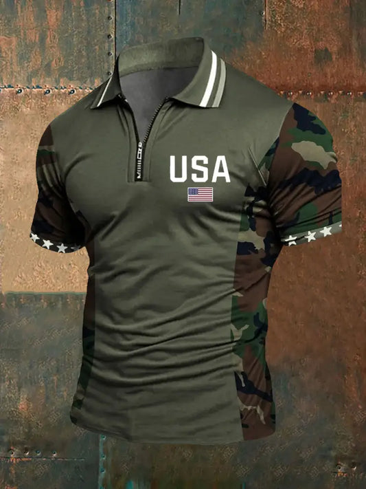 Men’s American Flag Zip-Up T-Shirt Green / S