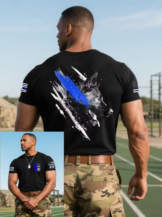 Men’s Blue Line Patriotic K9 Police Officer Dog T-Shirt Black / S
