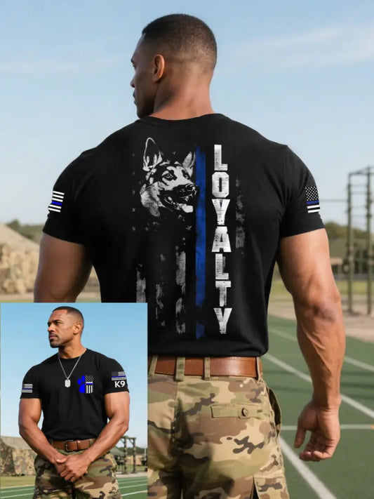 Men’s Blue Line Patriotic K9 Police Officer Dog T-Shirt Black / S