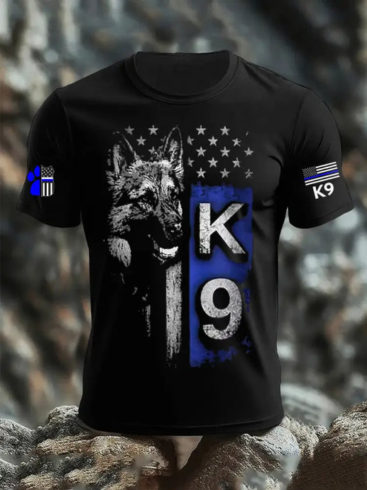 Men’s Blue Line Patriotic K9 Police Officer Dog T-Shirt Black / S