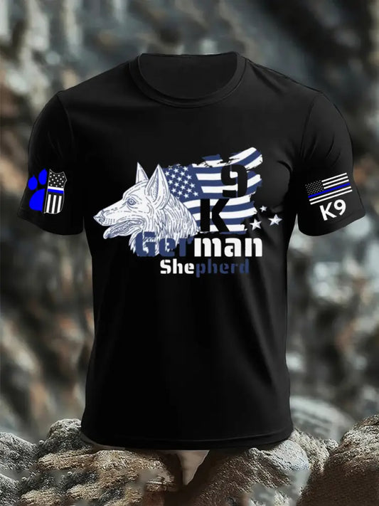 Men’s Blue Line Patriotic K9 Police Officer Dog T-Shirt Black / S