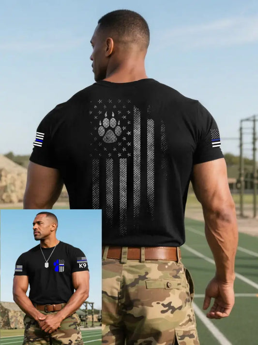 Men’s Blue Line Patriotic K9 Police Officer Dog T-Shirt Black / S