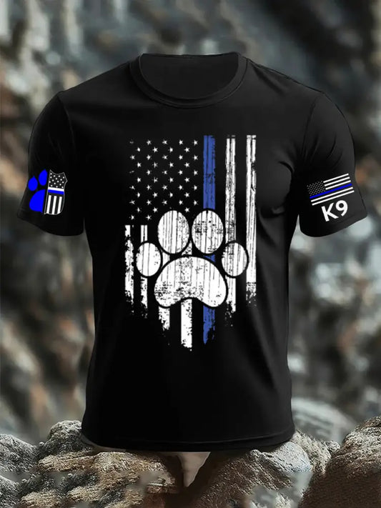 Men’s Blue Line Patriotic K9 Police Officer Dog T-Shirt Black / S