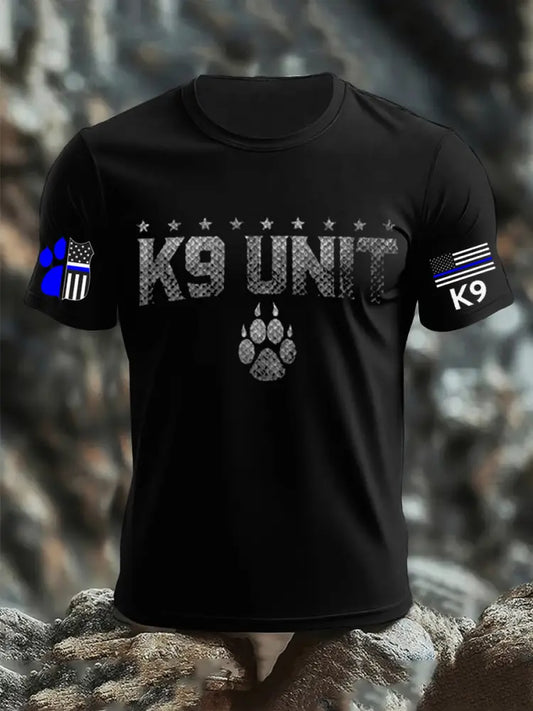 Men’s Blue Line Patriotic K9 Police Officer Dog T-Shirt Black / S
