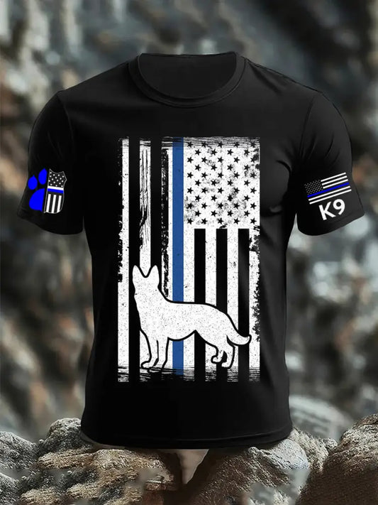 Men’s Blue Line Patriotic K9 Police Officer Dog T-Shirt Black / S
