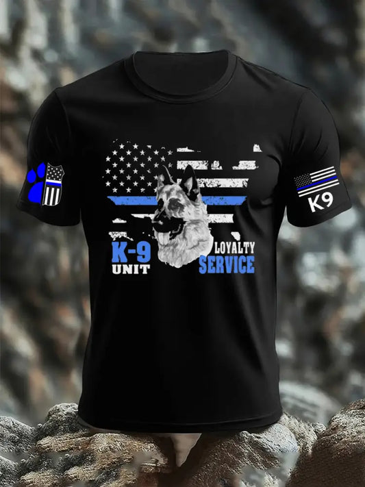 Men’s Blue Line Patriotic K9 Police Officer Dog T-Shirt Black / S