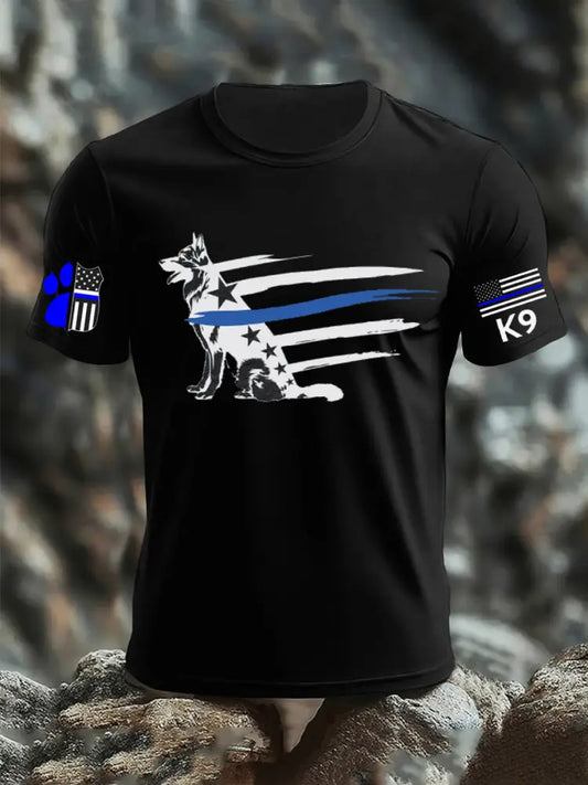 Men’s Blue Line Patriotic K9 Police Officer Dog T-Shirt Black / S