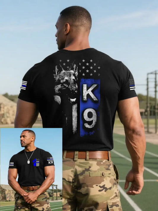 Men’s Blue Line Patriotic K9 Police Officer Dog T-Shirt Black / S