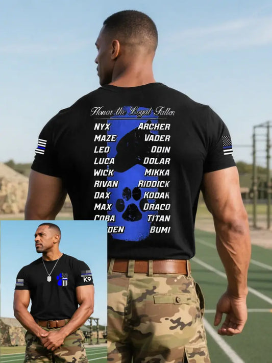 Men’s Blue Line Patriotic K9 Police Officer Dog T-Shirt Black / S
