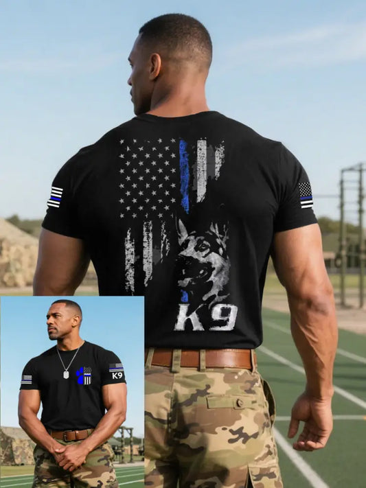 Men’s Blue Line Patriotic K9 Police Officer Dog T-Shirt Black / S