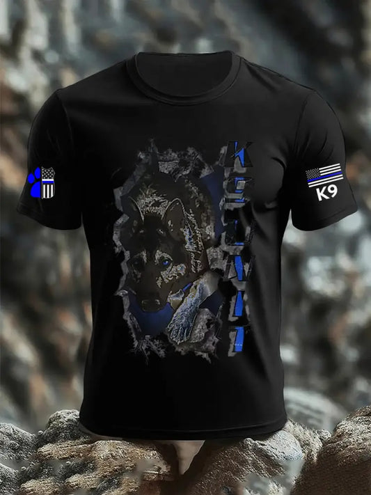 Men’s Blue Line Patriotic K9 Police Officer Dog T-Shirt Black / S