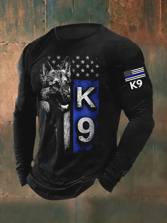 Men’s Blue Line Patriotic K9 Police Officer Dog T-Shirt Black / S