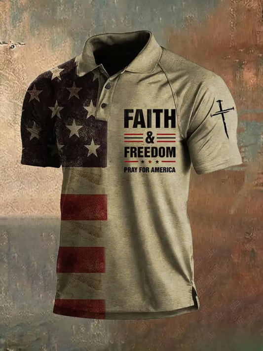 Men’s Casual Faith and Freedom Pray for America Cross Short Sleeve Top As picture / S
