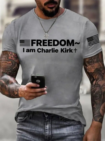 Men’s Charlie Kirk Freedom Print imitation cotton short-sleeved T-shirt Light Gray / S