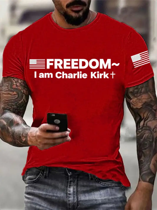 Men’s Charlie Kirk Freedom Print imitation cotton short-sleeved T-shirt Pure Red / S