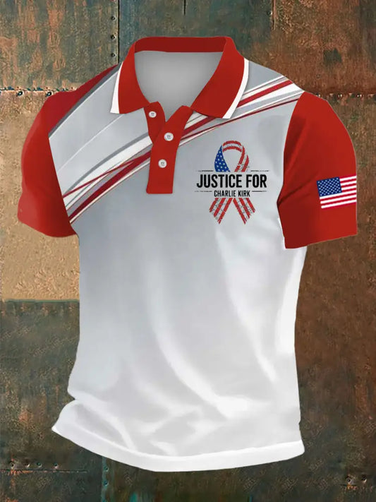 Men’s Charlie Kirk Freedom Print Polo Collar Casual Short Sleeved Shirt White-Red / S