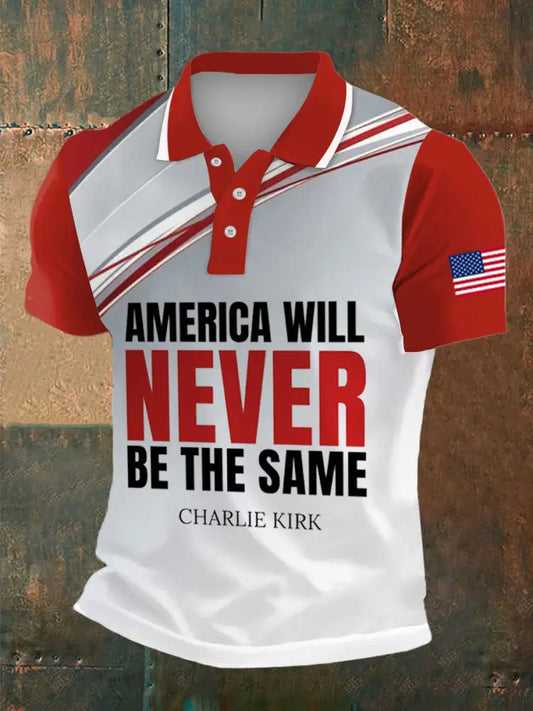 Men’s Charlie Kirk Freedom Print Polo Collar Casual Short Sleeved Shirt White-Red / S