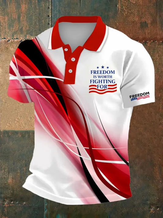 Men’s Charlie Kirk Freedom Print Polo Collar Casual Short Sleeved Shirt White-Red / S