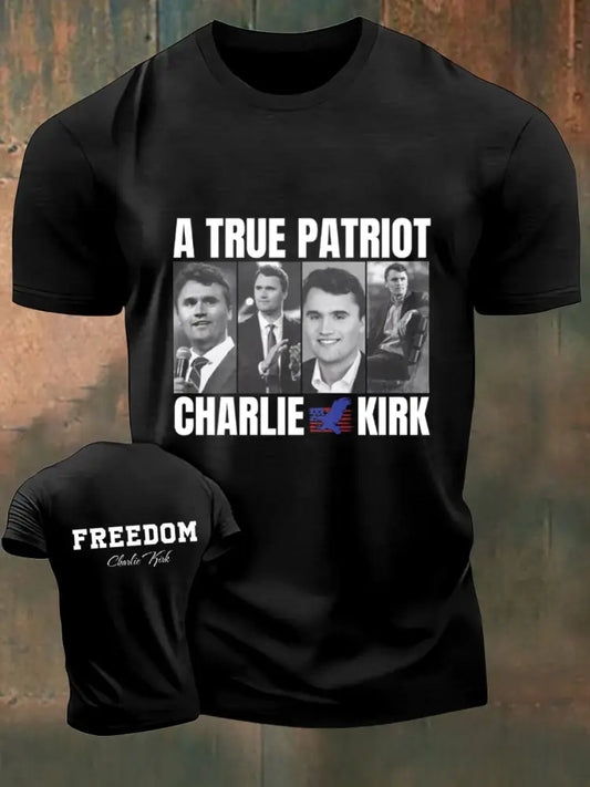 Men’s Charlie Kirk Freedom Printed Vintage Fashion Loose Short Sleeve T-Shirt Black / S