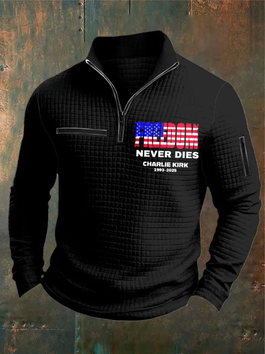 Men’s Charlie Kirk Freedom Printed Waffler Casual Zipper Sweater Black / S