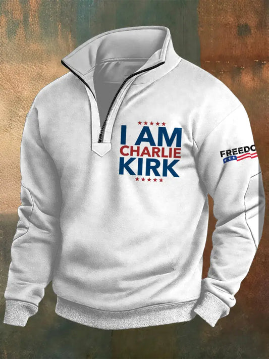 Men’s Charlie Kirk Printed Casual Zipper Sweater White / S