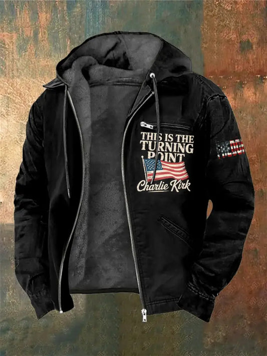 Men’s Charlie Kirk Printed Long Sleeved Hooded Jacket Black / S