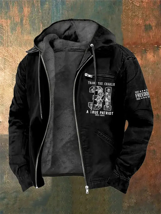Men’s Charlie Kirk Printed Long Sleeved Hooded Jacket Black / S