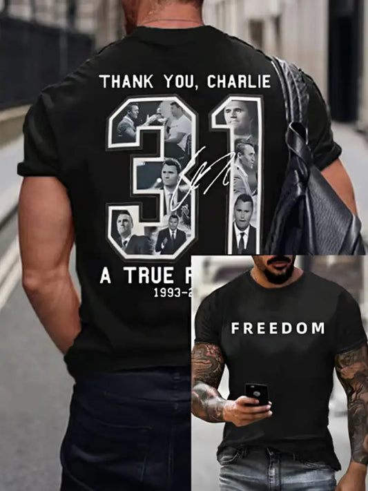 Men’s Charlie Kirk Printed Vintage Fashion Loose Short Sleeve T-Shirt Black / S