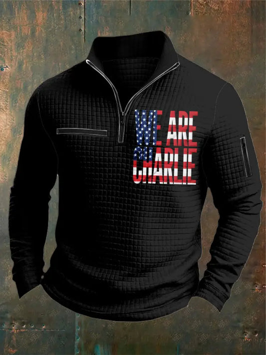 Men’s Charlie Kirk Printed Waffler Casual Zipper Sweater Black / S