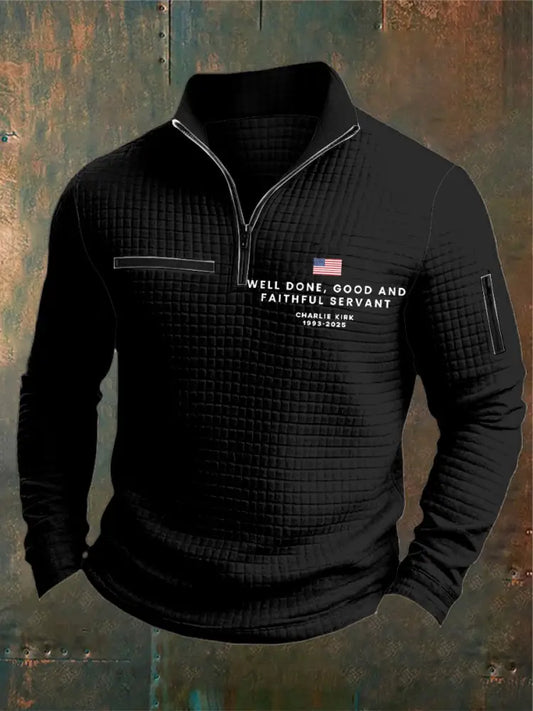 Men’s Charlie Kirk Printed Waffler Casual Zipper Sweater Black / S
