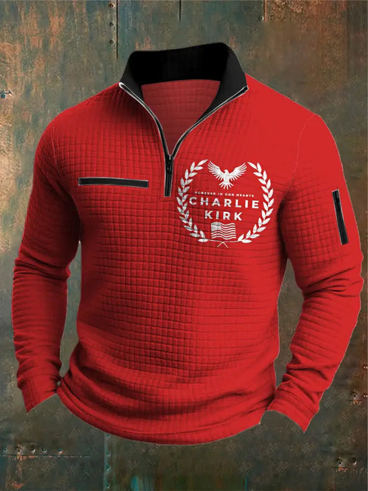 Men’s Charlie Kirk Printed Waffler Casual Zipper Sweater Red / S