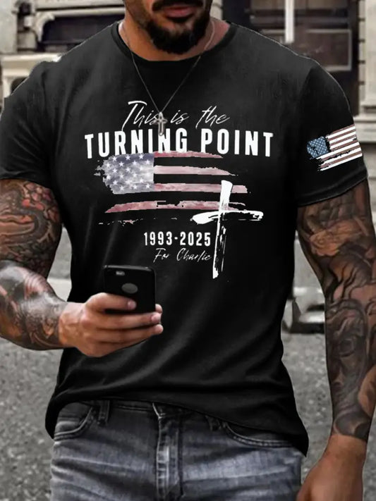 Men’s Charlie Kirk Turning Point imitation cotton short-sleeved T-shirt Black / S