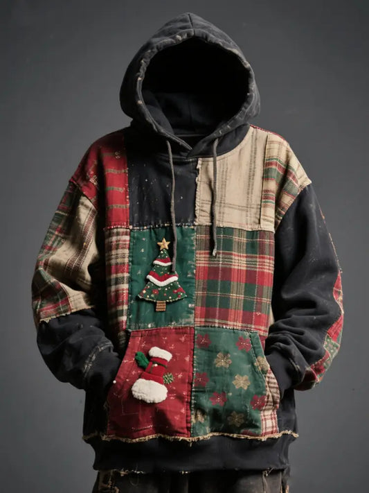 Men’s Christmas patchwork Printed Oversized Drop-Shoulder Hoodie with Pockets As picture / S