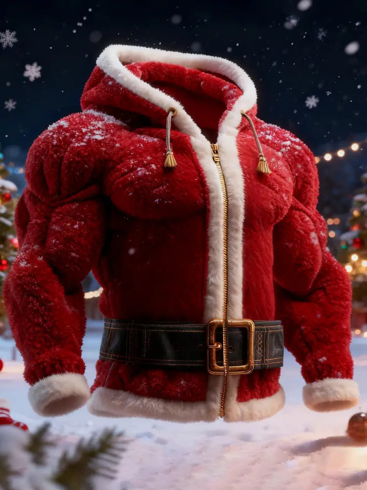 Men’s Christmas Santa Claus Outfit Plush Comfortable Zipper Hoodie Red / S