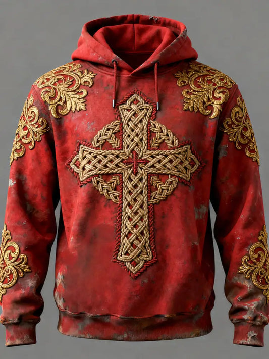 Men’s Cross Print Casual Hoodie Red / S