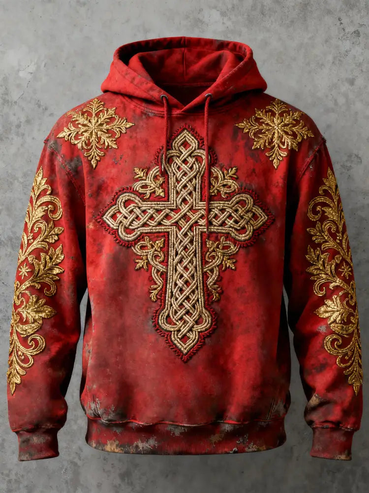 Men’s Cross Print Casual Hoodie Red / S