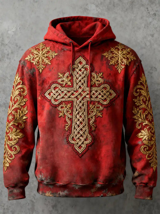 Men’s Cross Print Casual Hoodie Red / S
