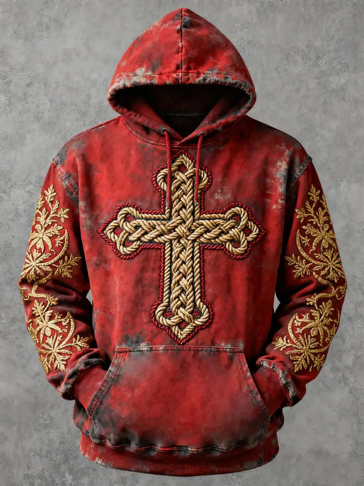 Men’s Cross Print Casual Hoodie Red / S