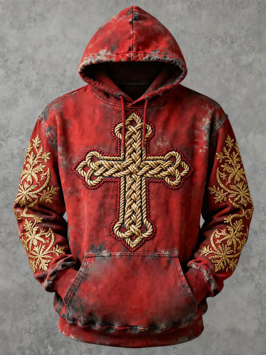 Men’s Cross Print Casual Hoodie Red / S
