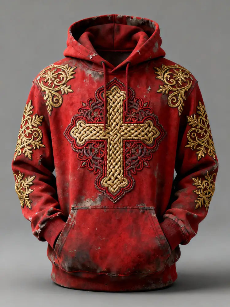 Men’s Cross Print Casual Hoodie Red / S