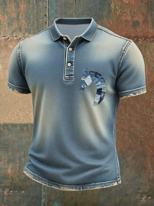 Men’s denim horse print T-shirt Blue / S