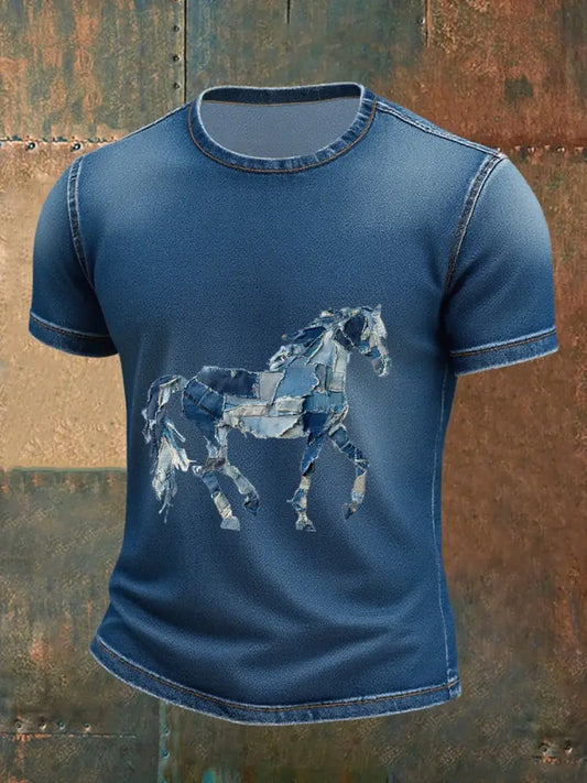 Men’s denim horse print T-shirt Blue / S