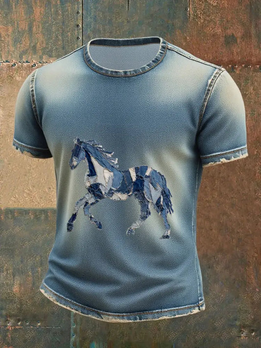 Men’s denim horse print T-shirt Blue / S
