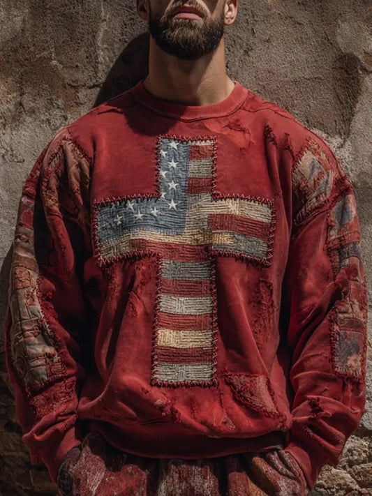Men’s Faith Cross Flag Crew Neck Sweatshirt As picture / S