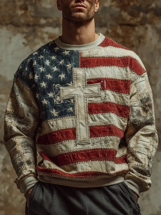 Men’s Faith Cross Flag Crew Neck Sweatshirt As picture / S