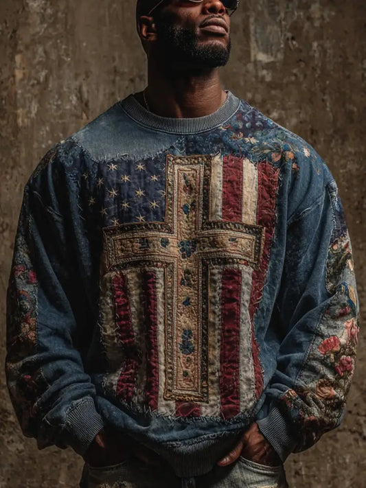 Men’s Faith Cross Flag Crew Neck Sweatshirt As picture / S