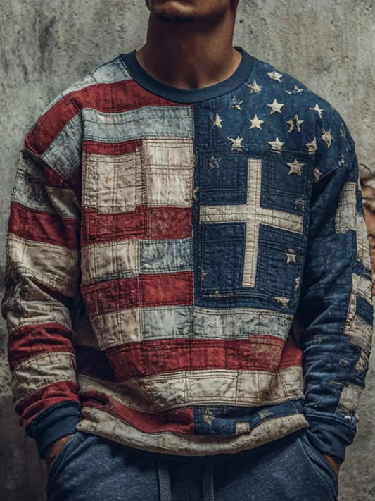 Men’s Faith Cross Flag Crew Neck Sweatshirt As picture / S