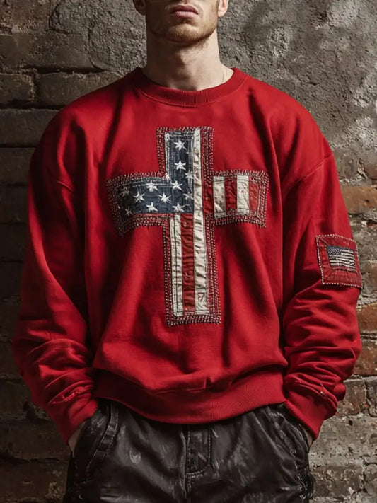 Men’s Faith Cross Flag Crew Neck Sweatshirt Red / S